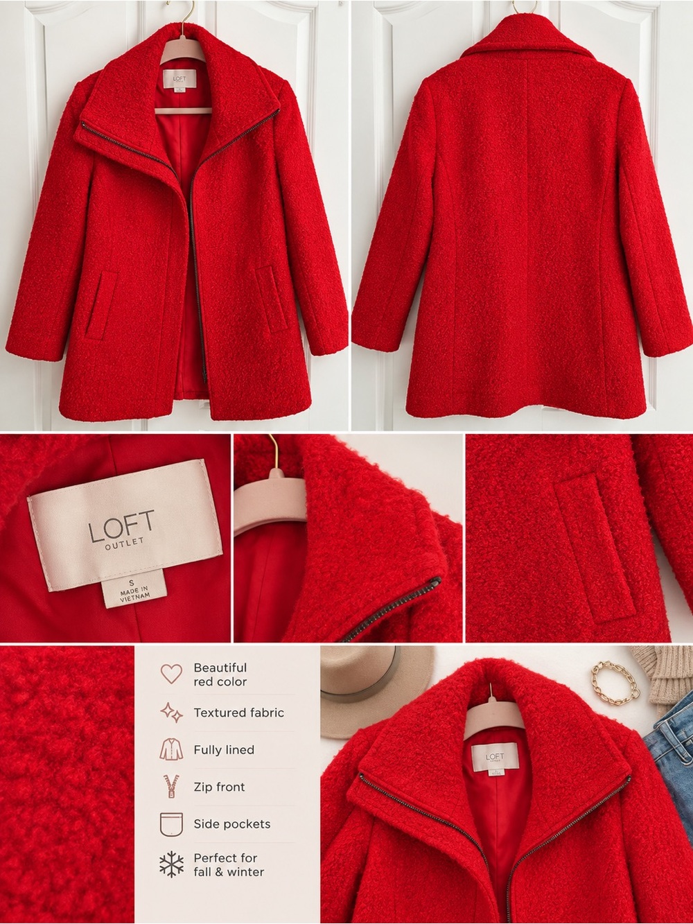 LOFT Red Textured Zip-Front Pea Coat
